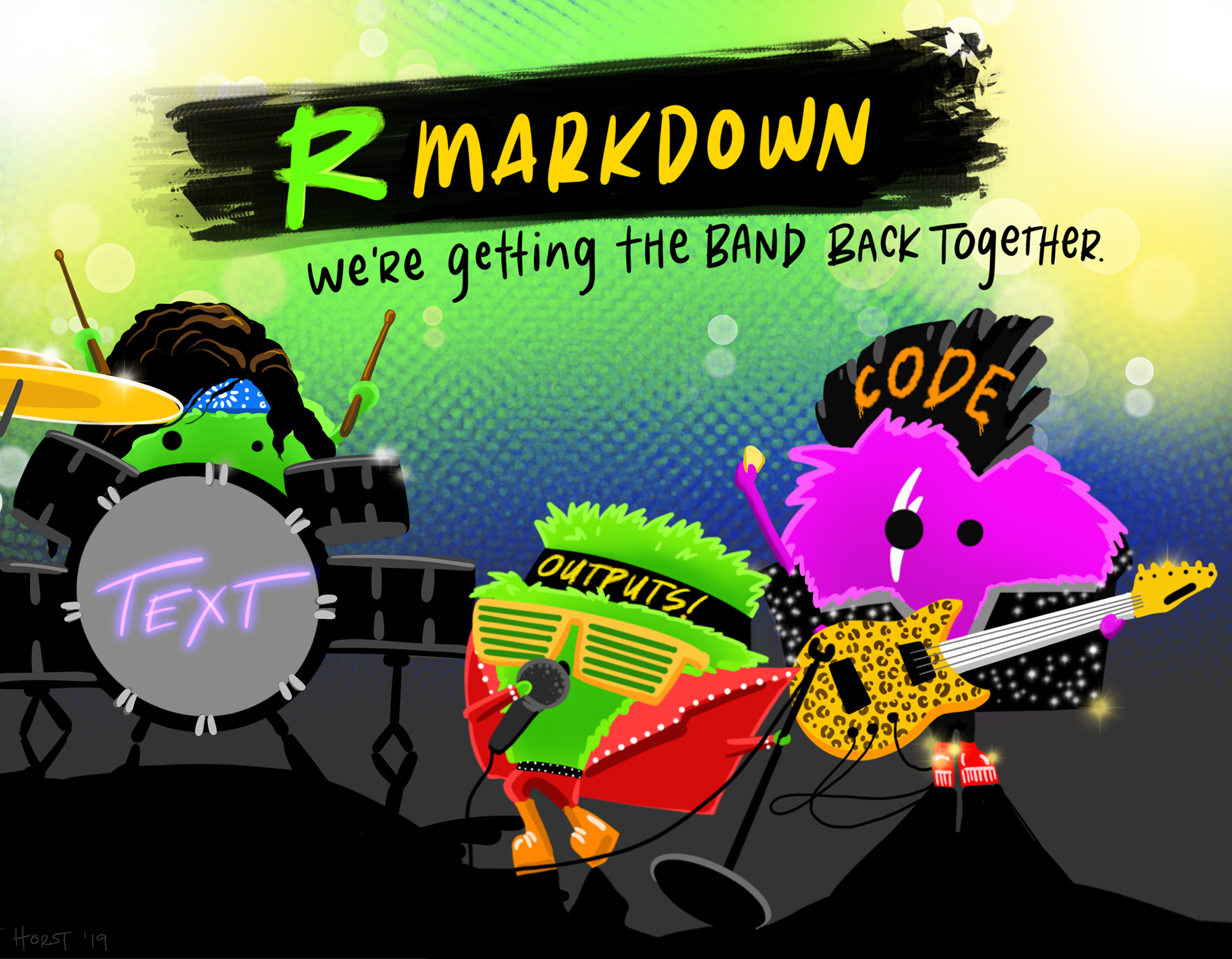 A glam rock band comprised of 3 fuzzy round monsters labeled as “Text”, “Outputs” and “Code” performing together. Stylized title text reads: “R Markdown - we’re getting the band back together.