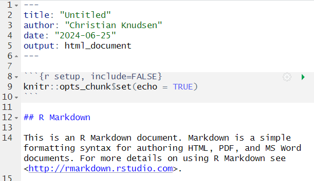 Screenshot of initial demo Rmarkdown document in RStudio